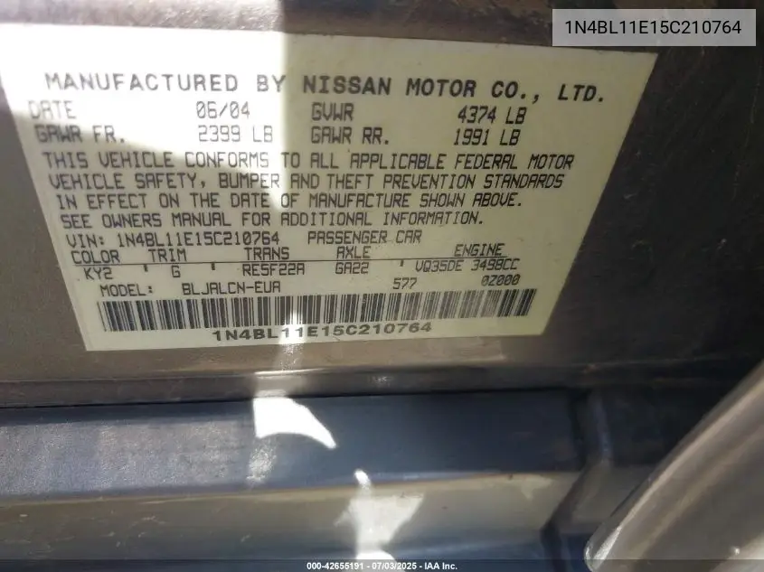2005 Nissan Altima 3.5 Se VIN: 1N4BL11E15C210764 Lot: 42655191
