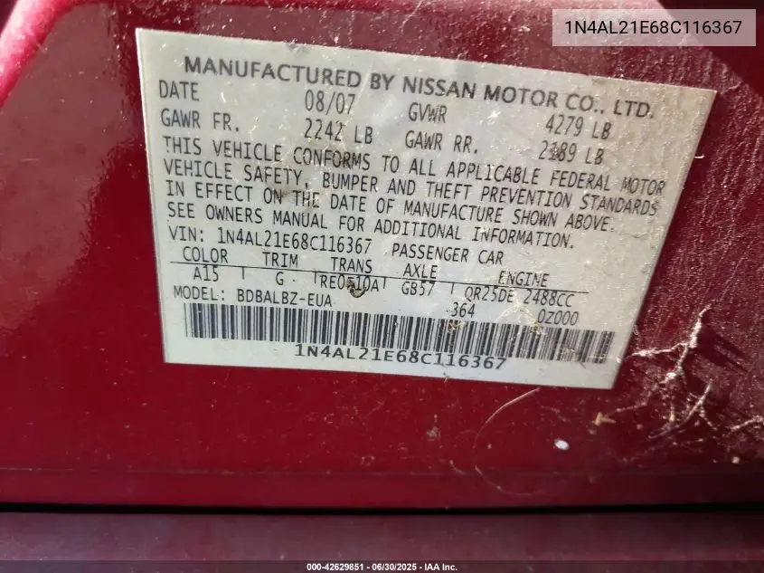 2008 Nissan Altima 2.5 S VIN: 1N4AL21E68C116367 Lot: 42629851