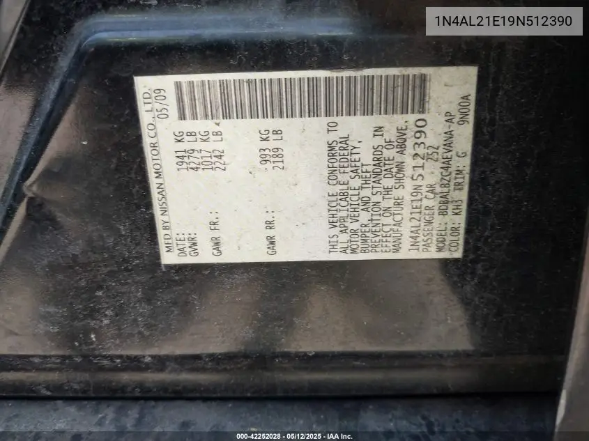 2009 Nissan Altima 2.5 S VIN: 1N4AL21E19N512390 Lot: 42252028