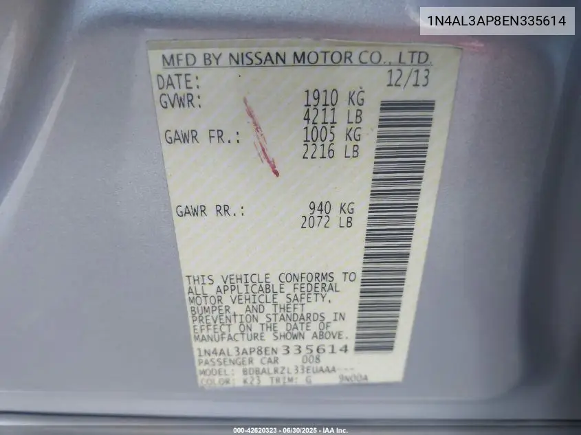 2014 Nissan Altima 2.5/S/Sv/Sl VIN: 1N4AL3AP8EN335614 Lot: 42620323