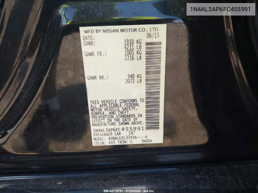2015 Nissan Altima 2.5 S VIN: 1N4AL3AP6FC455991 Lot: 42779791