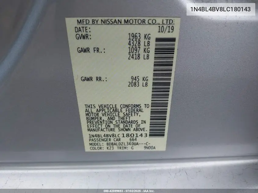 2020 Nissan Altima S Fwd VIN: 1N4BL4BV8LC180143 Lot: 42599693