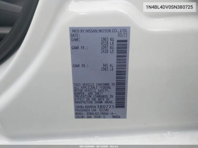 2025 Nissan Altima Sv Fwd VIN: 1N4BL4DV0SN380725 Lot: 42255488