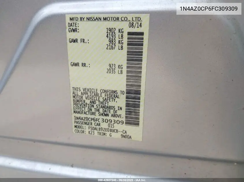 2015 Nissan Leaf S VIN: 1N4AZ0CP6FC309309 Lot: 42607240