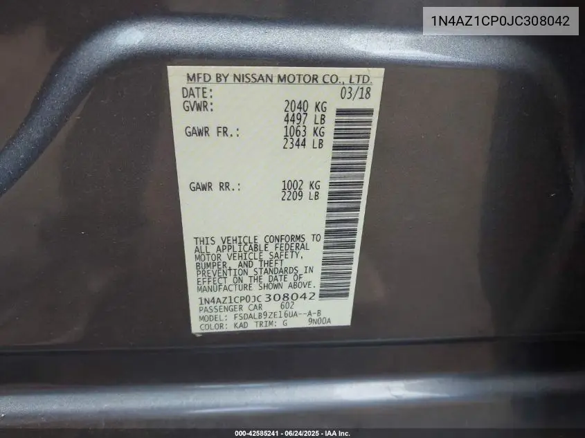 2018 Nissan Leaf S VIN: 1N4AZ1CP0JC308042 Lot: 42585241