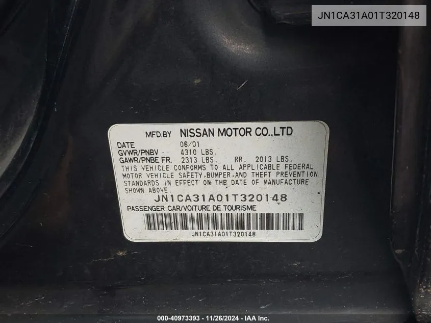 2001 Nissan Maxima Gle VIN: JN1CA31A01T320148 Lot: 40973393