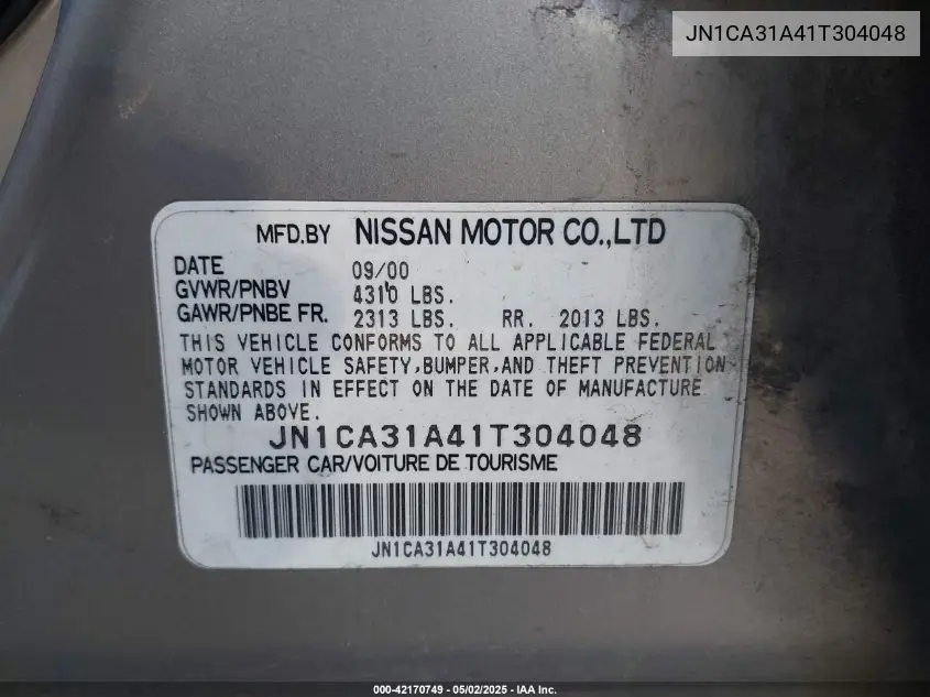 2001 Nissan Maxima Se VIN: JN1CA31A41T304048 Lot: 42170749