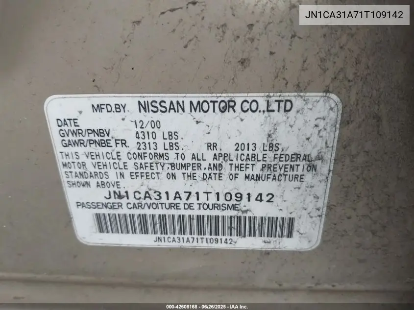 2001 Nissan Maxima Gle VIN: JN1CA31A71T109142 Lot: 42608168