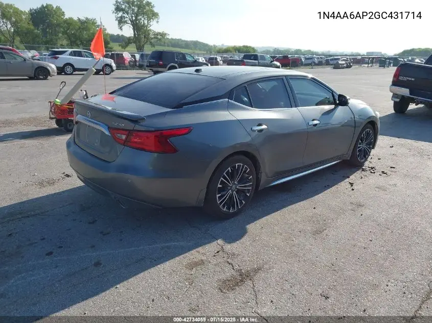 2016 Nissan Maxima 3.5 Platinum VIN: 1N4AA6AP2GC431714 Lot: 42734059