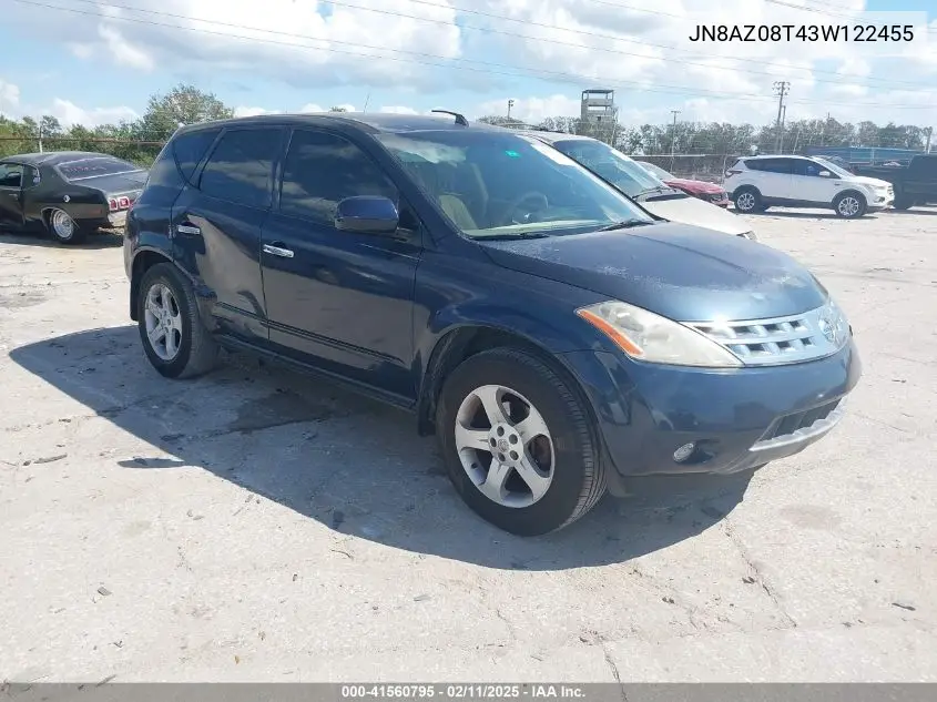 2003 Nissan Murano Sl VIN: JN8AZ08T43W122455 Lot: 41560795