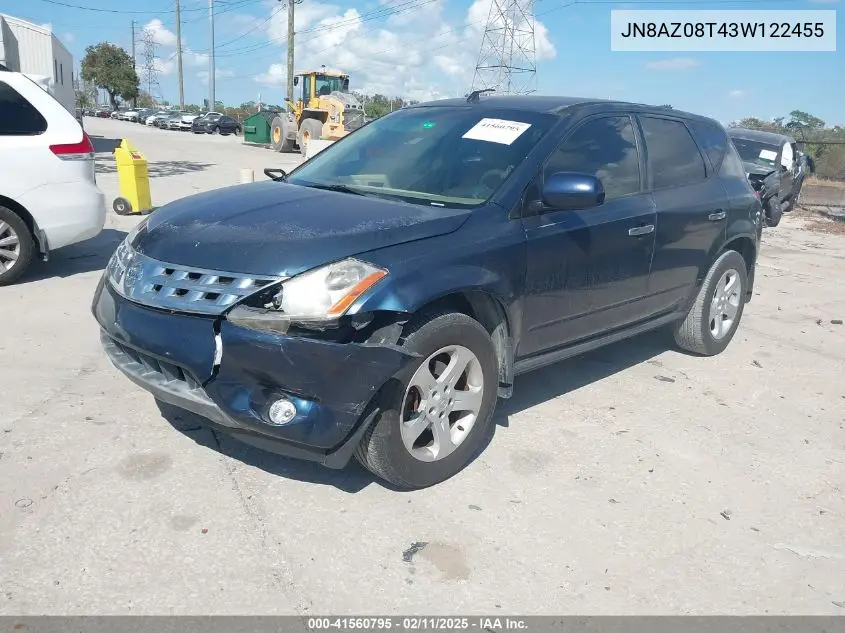 2003 Nissan Murano Sl VIN: JN8AZ08T43W122455 Lot: 41560795