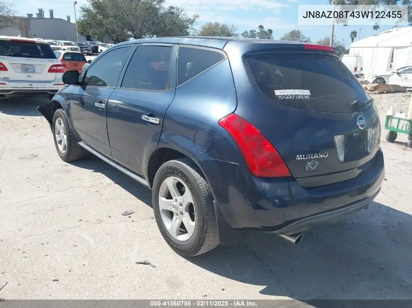 2003 Nissan Murano Sl VIN: JN8AZ08T43W122455 Lot: 41560795