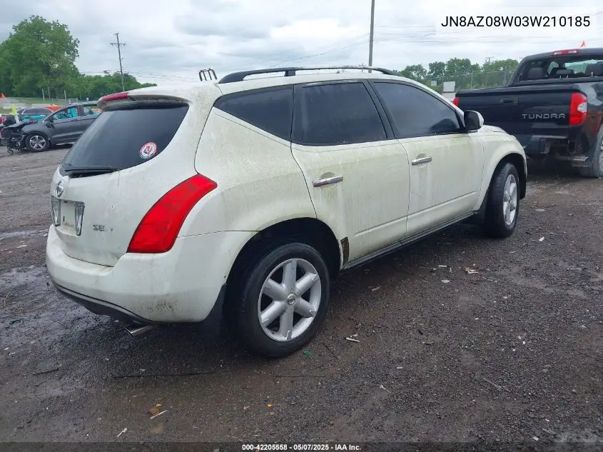 2003 Nissan Murano Se VIN: JN8AZ08W03W210185 Lot: 42205558