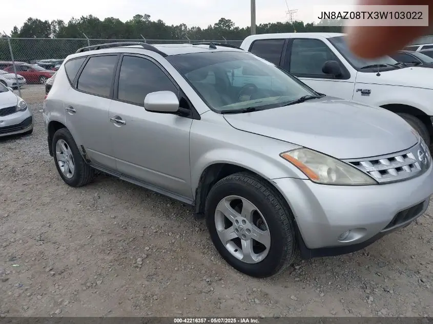 2003 Nissan Murano Sl VIN: JN8AZ08TX3W103022 Lot: 42216357