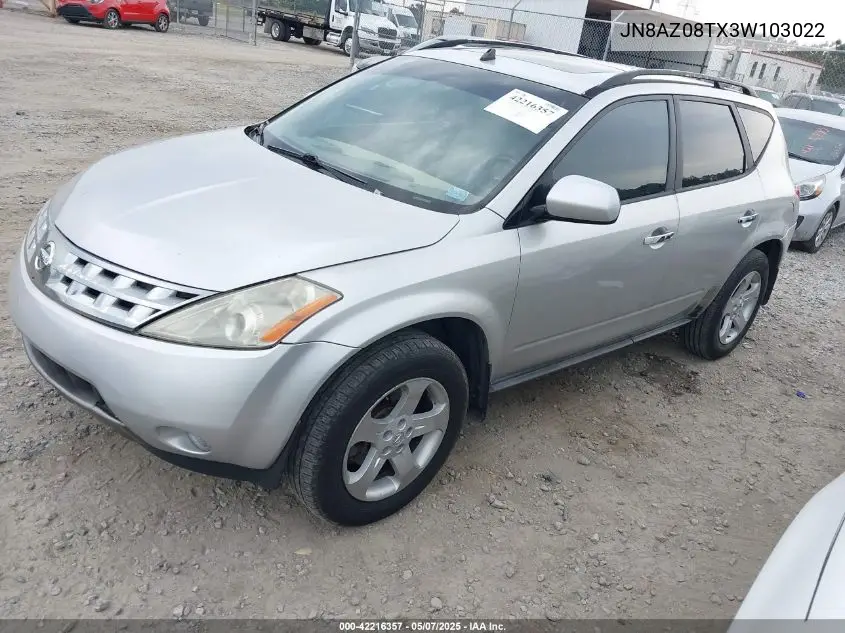2003 Nissan Murano Sl VIN: JN8AZ08TX3W103022 Lot: 42216357