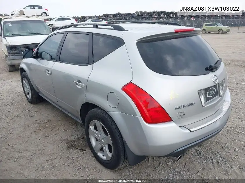 2003 Nissan Murano Sl VIN: JN8AZ08TX3W103022 Lot: 42216357