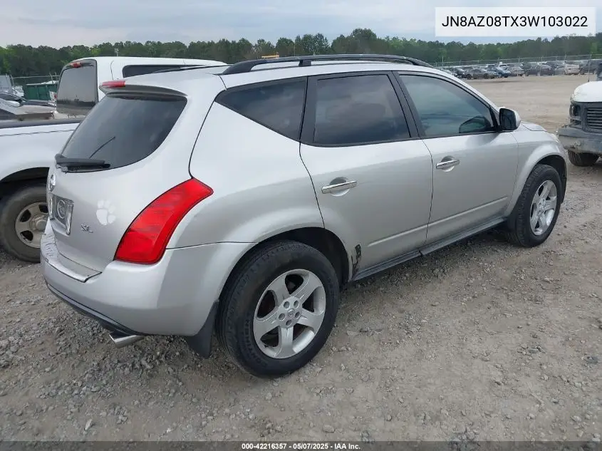 2003 Nissan Murano Sl VIN: JN8AZ08TX3W103022 Lot: 42216357