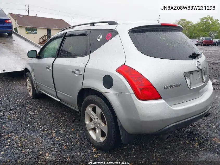 2003 Nissan Murano Sl VIN: JN8AZ08W83W231298 Lot: 42239796