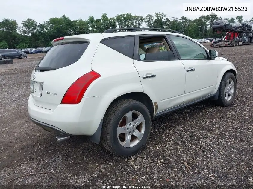2003 Nissan Murano Sl VIN: JN8AZ08W83W215523 Lot: 42693101