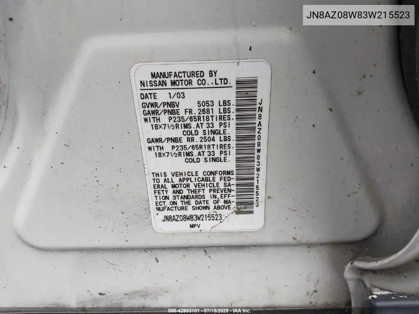 2003 Nissan Murano Sl VIN: JN8AZ08W83W215523 Lot: 42693101