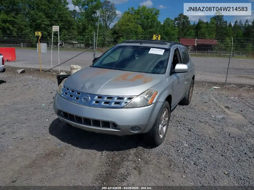 2004 Nissan Murano Sl VIN: JN8AZ08T04W214583 Lot: 42142039
