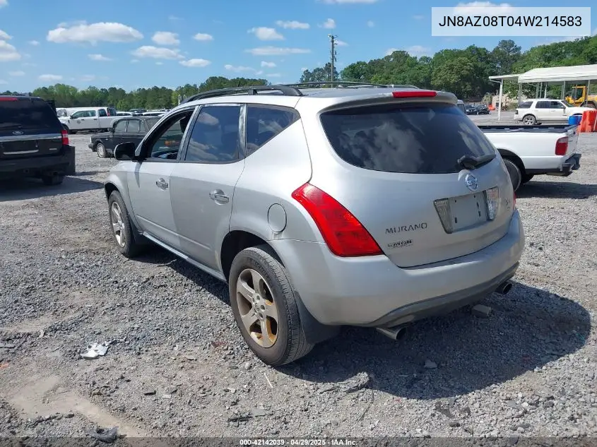 2004 Nissan Murano Sl VIN: JN8AZ08T04W214583 Lot: 42142039