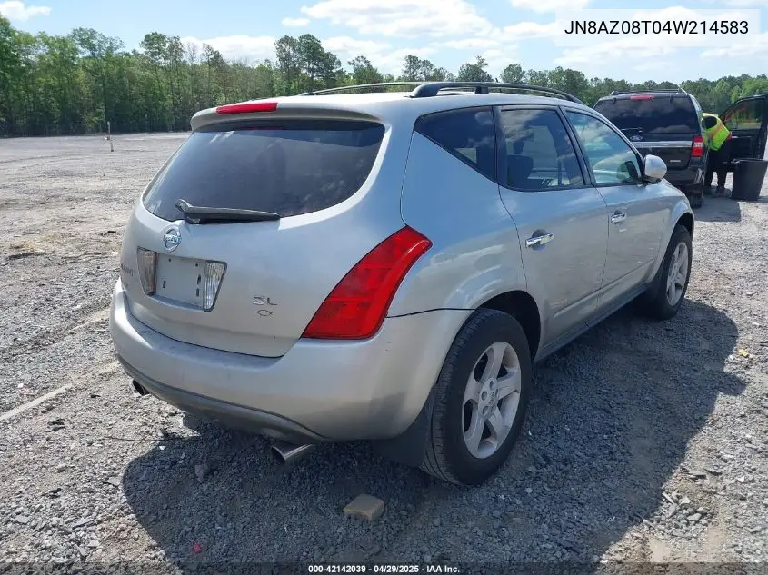 2004 Nissan Murano Sl VIN: JN8AZ08T04W214583 Lot: 42142039
