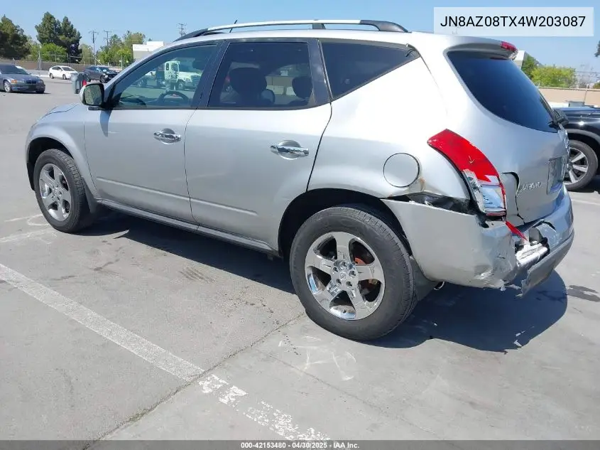 2004 Nissan Murano Sl VIN: JN8AZ08TX4W203087 Lot: 42153480