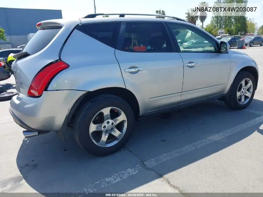 2004 Nissan Murano Sl VIN: JN8AZ08TX4W203087 Lot: 42153480