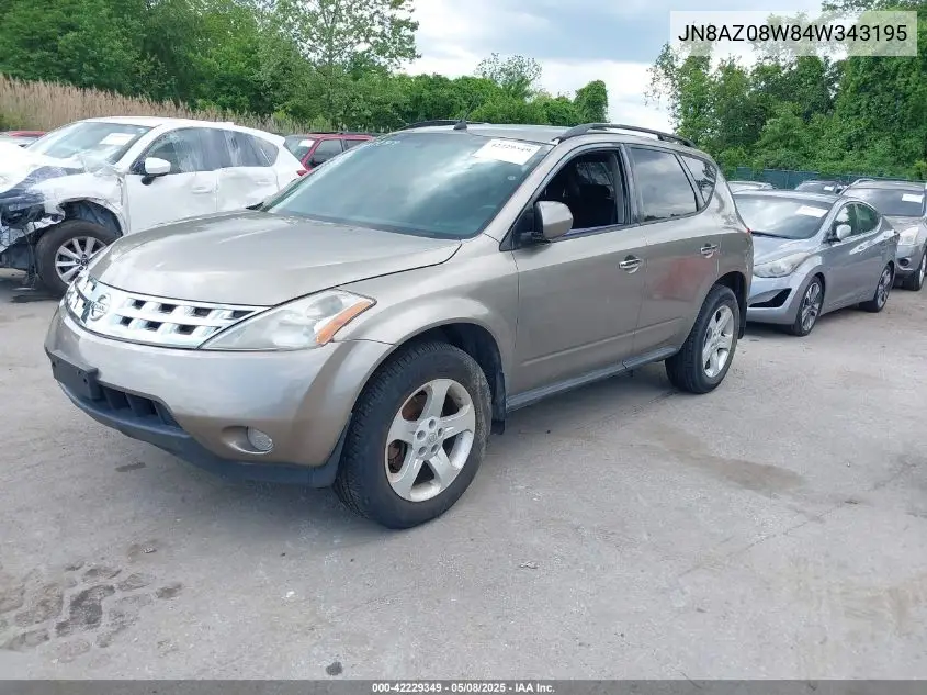 2004 Nissan Murano Sl VIN: JN8AZ08W84W343195 Lot: 42229349