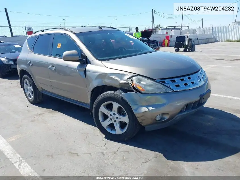 2004 Nissan Murano Sl VIN: JN8AZ08T94W204232 Lot: 42239543