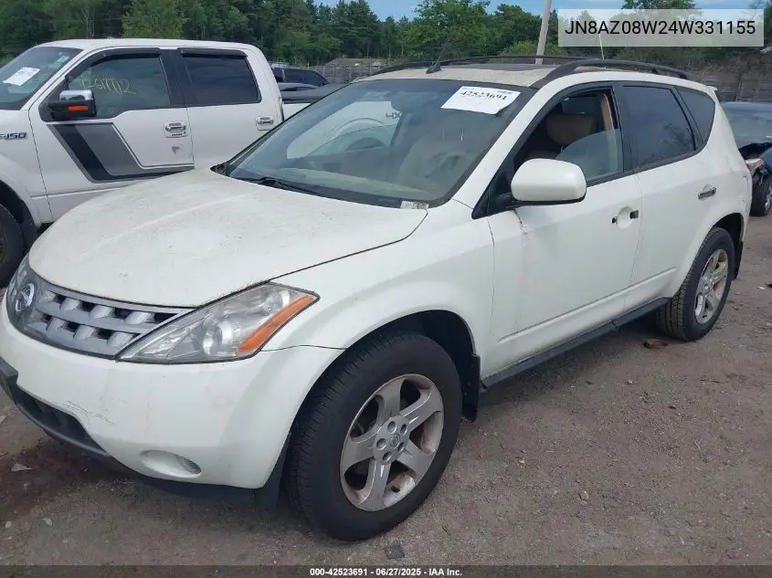 2004 Nissan Murano Sl VIN: JN8AZ08W24W331155 Lot: 42523691