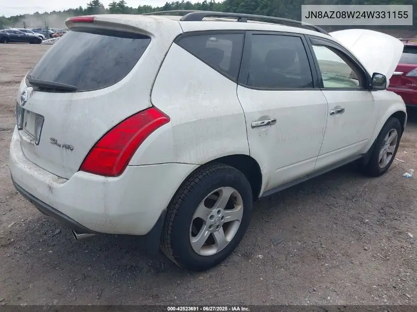 2004 Nissan Murano Sl VIN: JN8AZ08W24W331155 Lot: 42523691