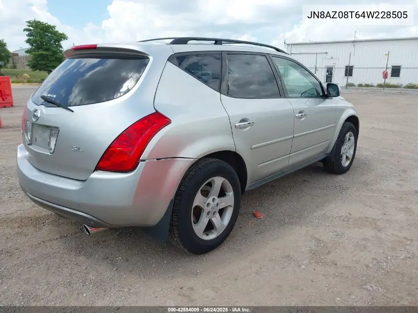 2004 Nissan Murano Sl/Se VIN: JN8AZ08T64W228505 Lot: 42584009