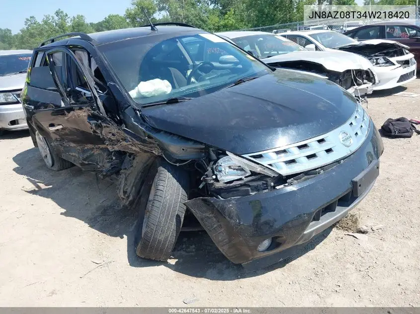 2004 Nissan Murano Sl VIN: JN8AZ08T34W218420 Lot: 42647543