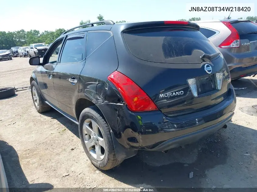 2004 Nissan Murano Sl VIN: JN8AZ08T34W218420 Lot: 42647543