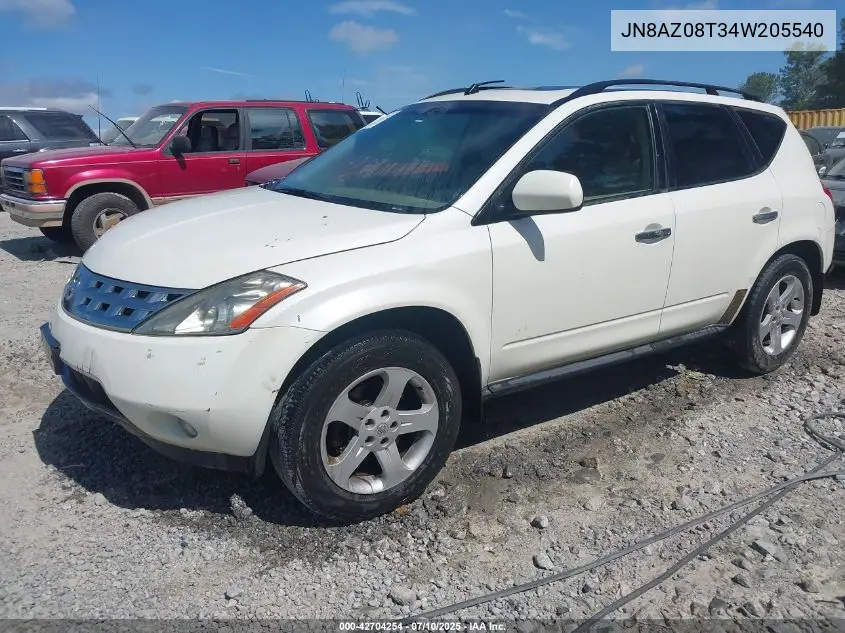 2004 Nissan Murano Sl VIN: JN8AZ08T34W205540 Lot: 42704254
