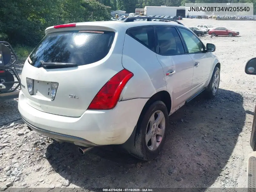 2004 Nissan Murano Sl VIN: JN8AZ08T34W205540 Lot: 42704254