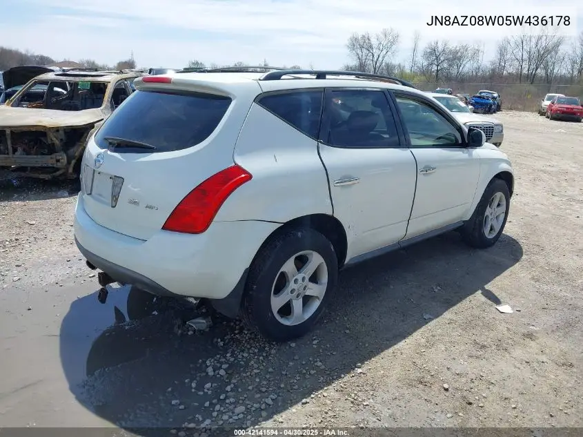 2005 Nissan Murano Se VIN: JN8AZ08W05W436178 Lot: 42141594