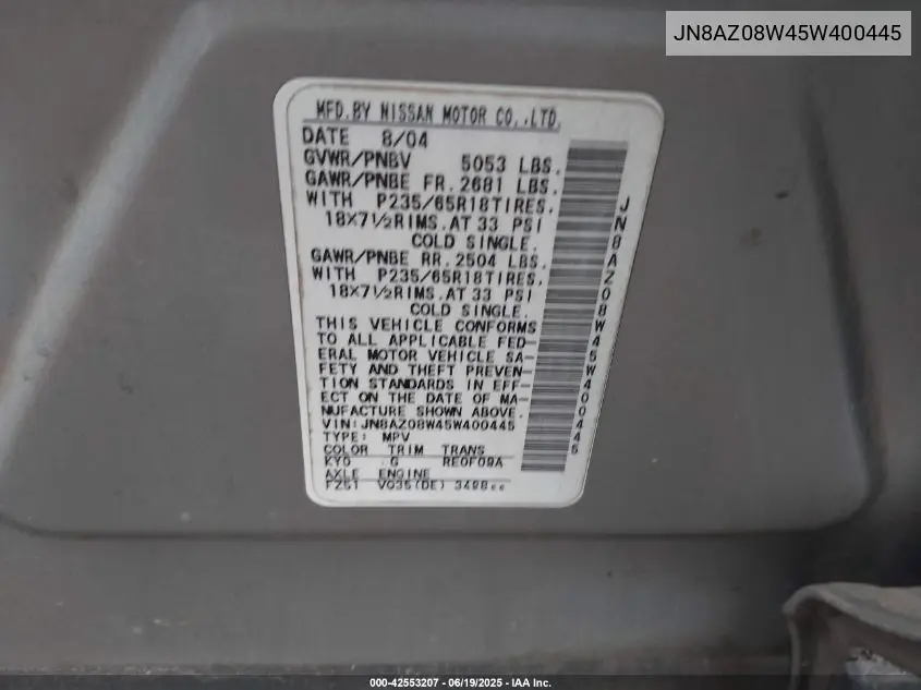 2005 Nissan Murano Sl VIN: JN8AZ08W45W400445 Lot: 42553207