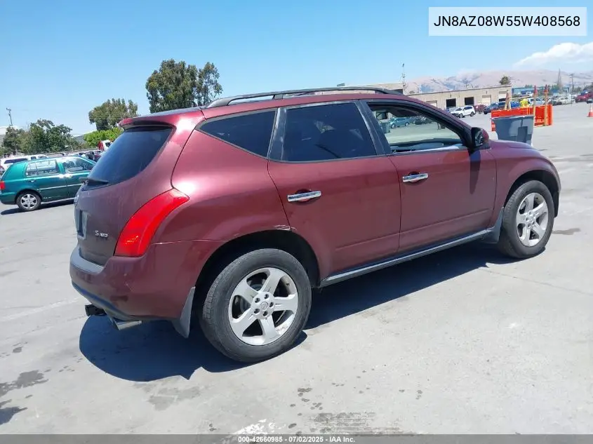 2005 Nissan Murano S VIN: JN8AZ08W55W408568 Lot: 42660985