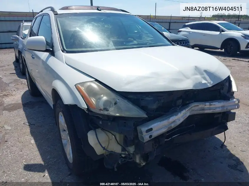 2006 Nissan Murano Sl VIN: JN8AZ08T16W404511 Lot: 42146107