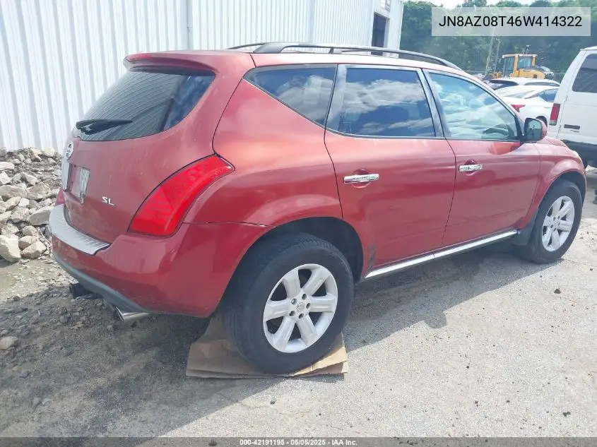 2006 Nissan Murano Sl VIN: JN8AZ08T46W414322 Lot: 42191195