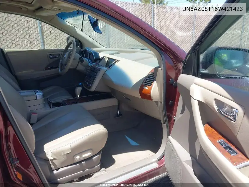 2006 Nissan Murano Sl VIN: JN8AZ08T16W421423 Lot: 42522481