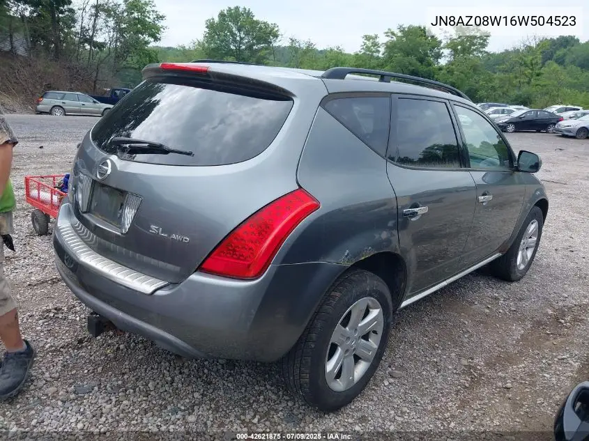 2006 Nissan Murano Sl VIN: JN8AZ08W16W504523 Lot: 42621875