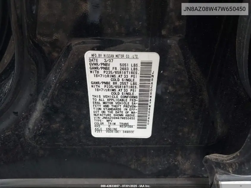 2007 Nissan Murano Sl VIN: JN8AZ08W47W650450 Lot: 42633857