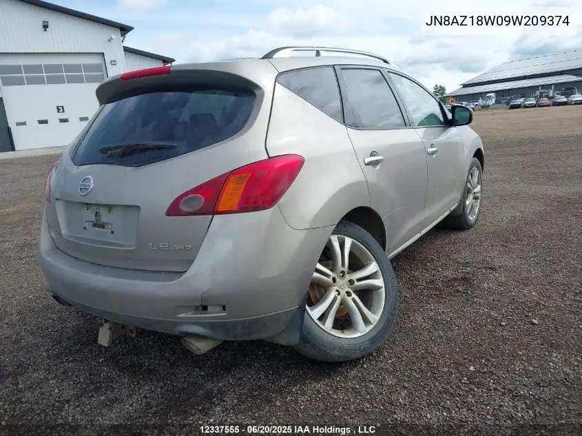 2009 Nissan Murano S/Sl/Le VIN: JN8AZ18W09W209374 Lot: 12337555