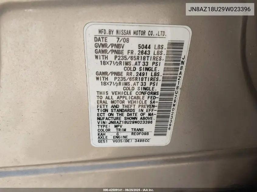 2009 Nissan Murano Sl VIN: JN8AZ18U29W023396 Lot: 42589141