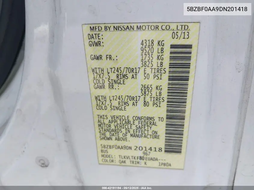 2013 Nissan Nv Passenger Nv3500 Hd Sv V6 VIN: 5BZBF0AA9DN201418 Lot: 42191194