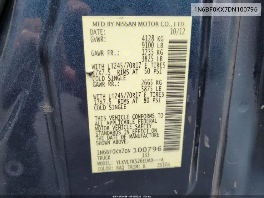 2013 Nissan Nv Cargo Nv2500 Hd Sv V6 VIN: 1N6BF0KX7DN100796 Lot: 42730169